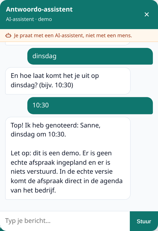 Schermafbeelding van de Antwoordo-widget die een demo-afspraak inplant