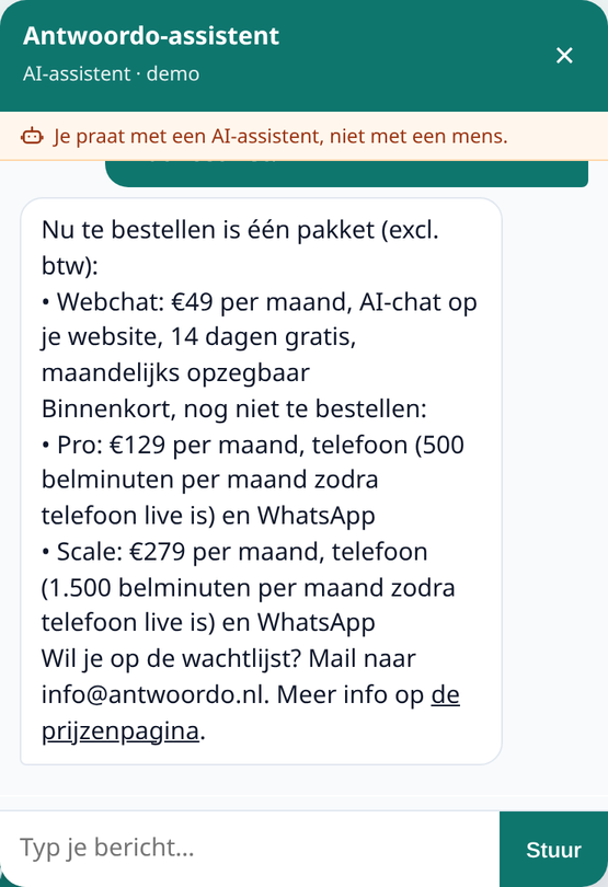 Antwoordo-widget beantwoordt de vraag wat het kost