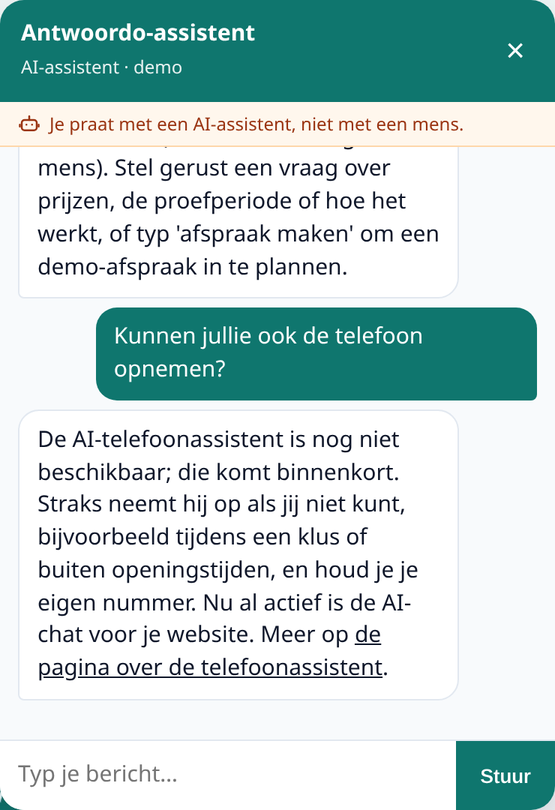 Antwoordo-widget zegt eerlijk dat de telefoon-assistent er nog niet is